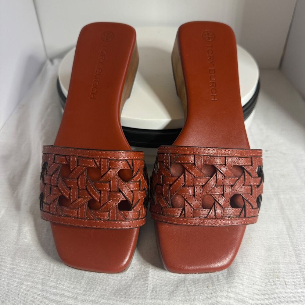 Tory Burch Basketweave Brown Leather Wooden Clog Slip On Size 6 medium - Picture 2 of 6